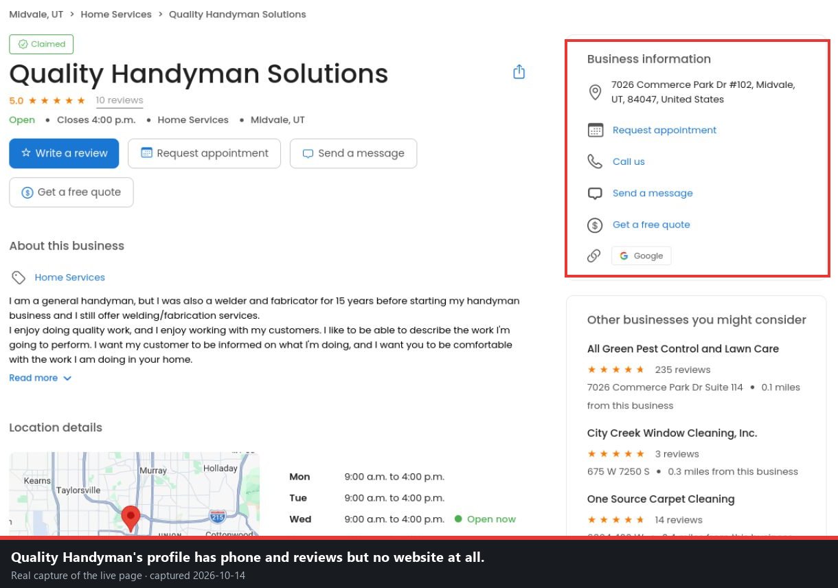 Capture: No website — reviews stranded on Thumbtack