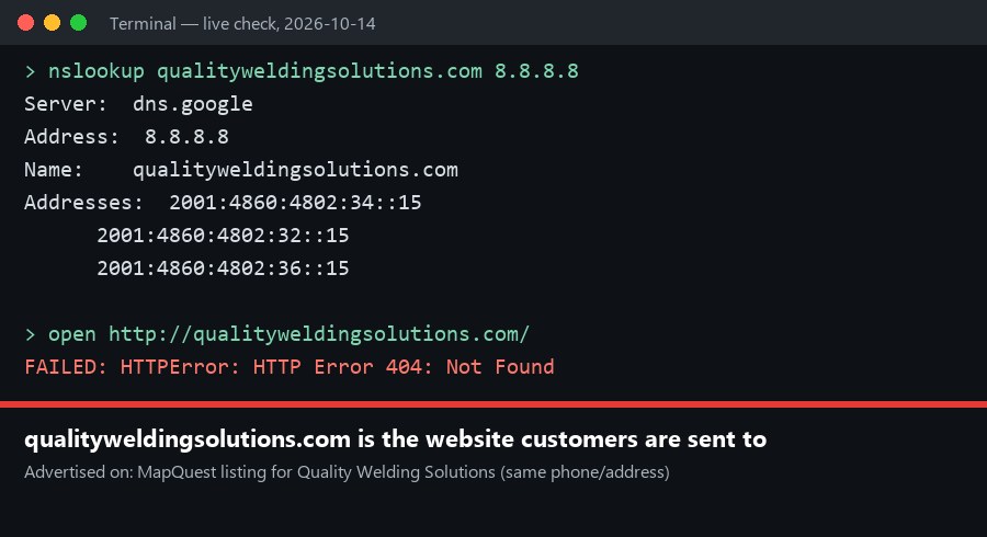 Capture: The domain on his welding listing is dead